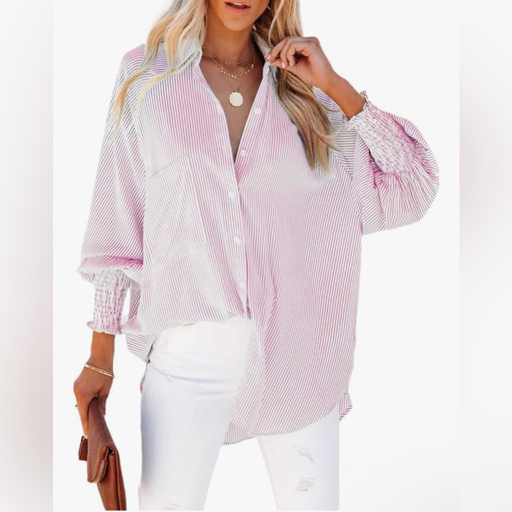 Pink and White Smocked Cuffed Boyfriend Shirt